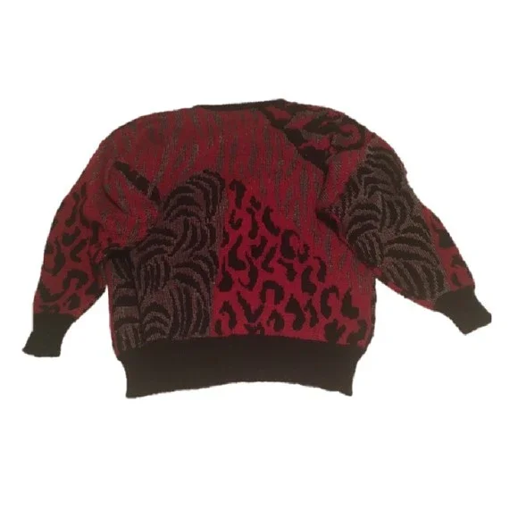 Vintage maroon & black jungle cat sweater mens S/M womens L silver threaded - Picture 2 of 6